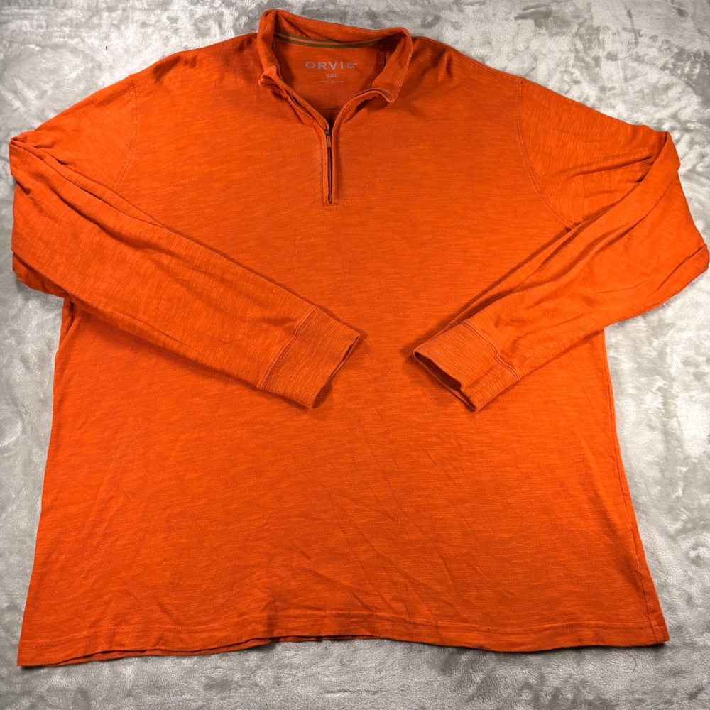 Orvis Mens XXL Orange 1/4 Zip Pullover Sweater 100% Cotton Slub Knit Top
